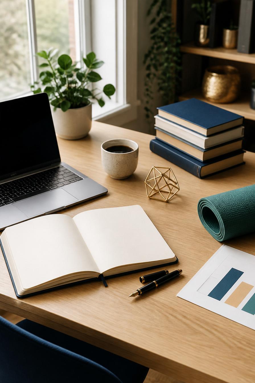 Author workspace with books, notebook, laptop, and creative tools